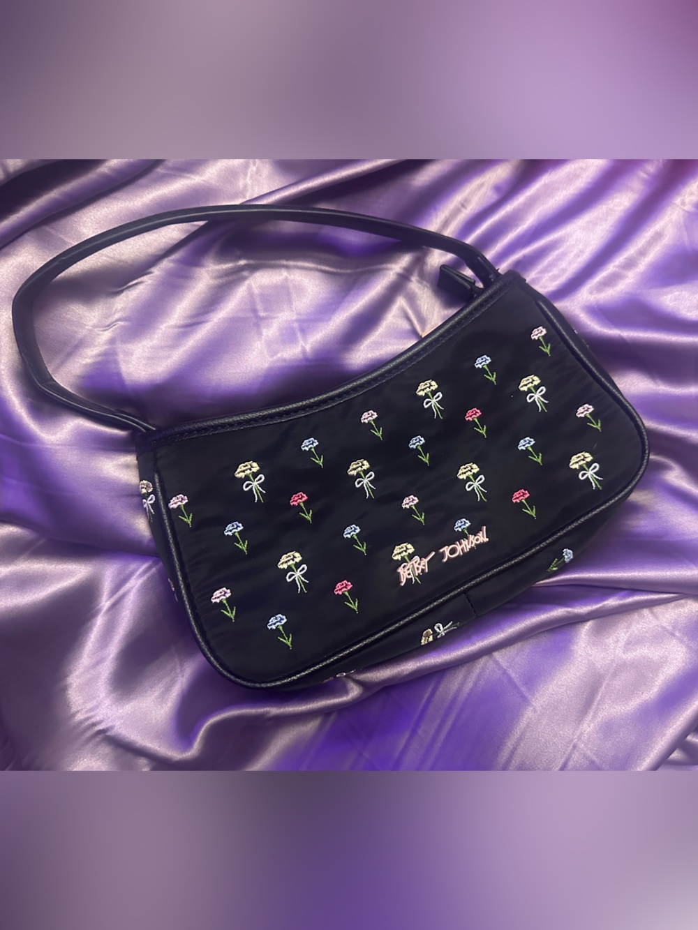 Betsey Johnson Black Mini Shoulder Bag with Pastel Floral Embroidery